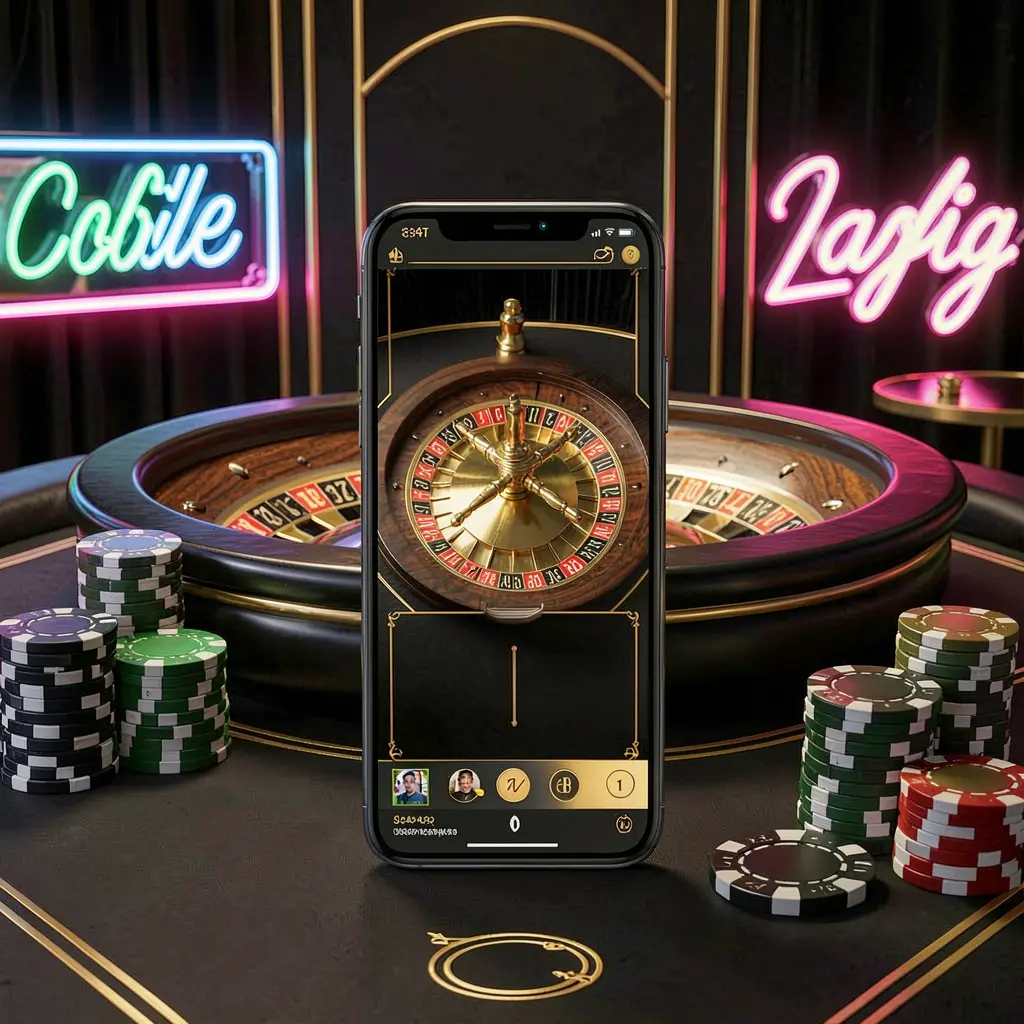 KAYA69 mobile casino application scene featuring a phone in the center with a roulette wheel and poker chips in the background, illuminated by glowing neon lights in a premium black and gold style