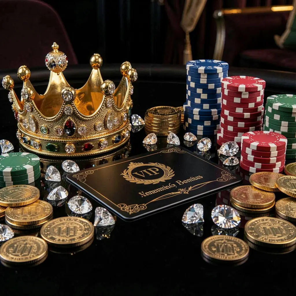 KAYA69 VIP casino bonus concept featuring a golden crown, luxury membership card, poker chips, diamonds, and coins displayed on a glossy black table in an elegant premium style
