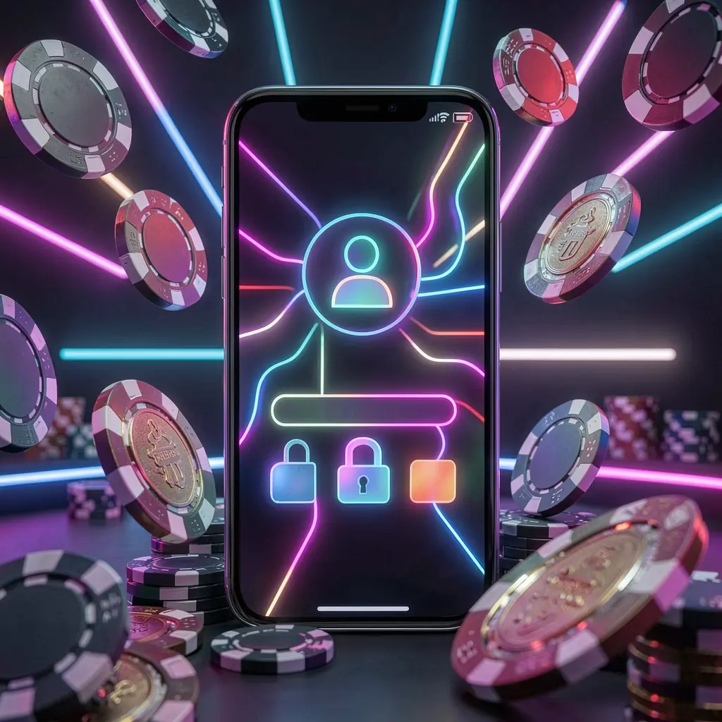 KAYA69 mobile gaming login page concept on a smartphone displaying an abstract login interface with user and lock icons, surrounded by casino chips and coins under luxury neon lighting