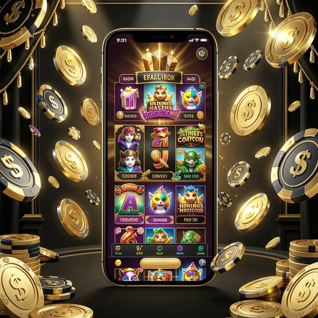 KAYA69 modern online casino main page visual with a smartphone displaying a glowing gaming interface, coins and chips flying around in a black and gold luxury atmosphere, realistic 3D illustration